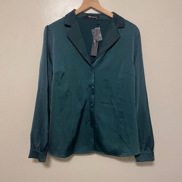 Elegant Collar Blouse Long Sleeve Work Office Satin Button Down Shirt - Picture 3 of 7